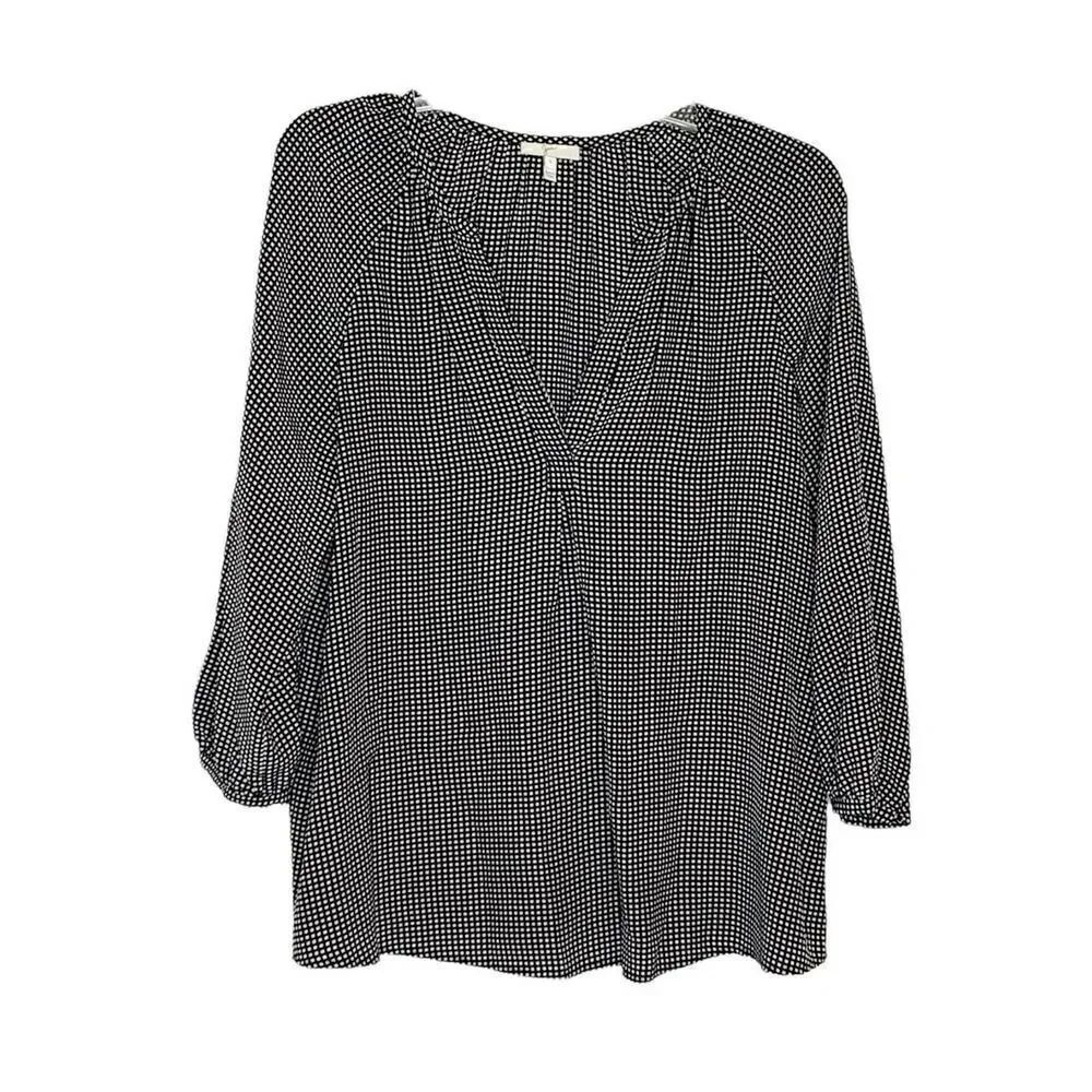 Joie Women’s 100% Silk Black White Window Pane Blouse V-Neck Pullover Size Small